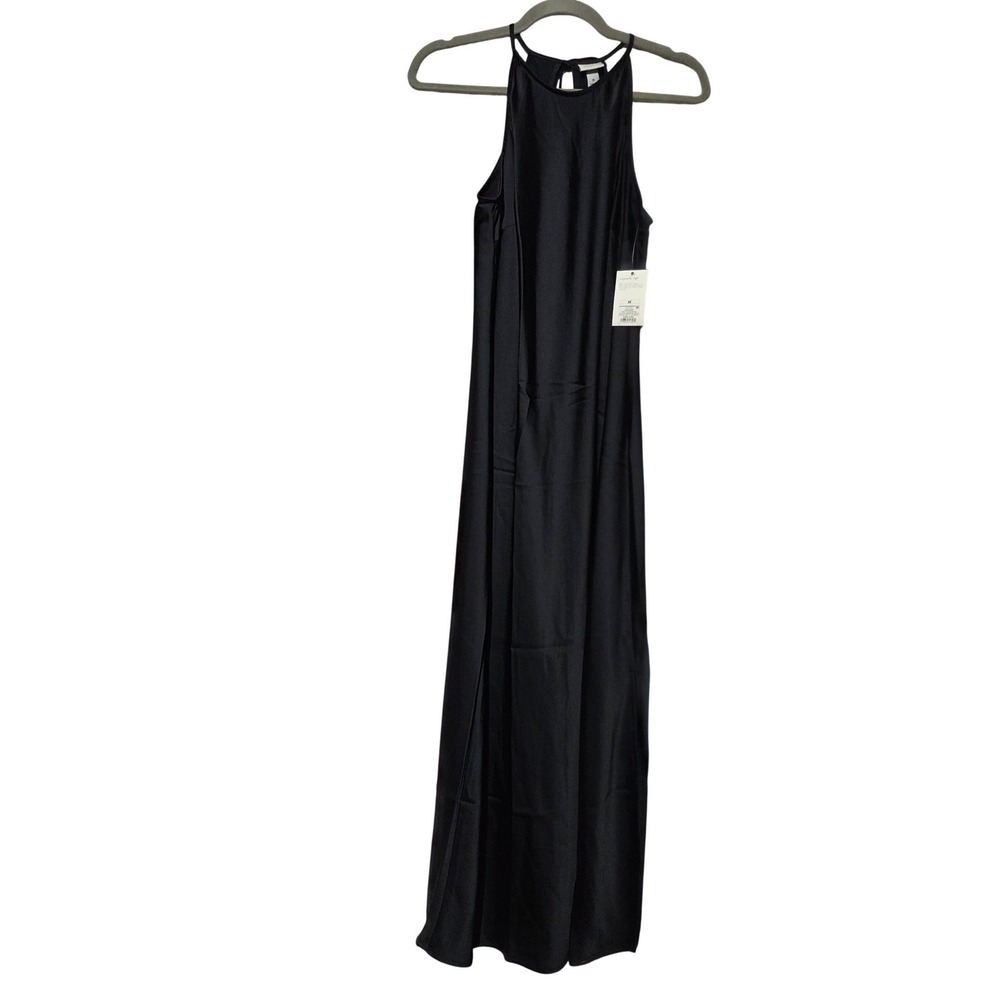 A New Day Black Satin Halter Maxi Dress High Neck Side Slit NWT Medium